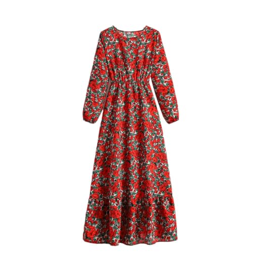 Damen Frühling Herbst Chiffon Kleid Rundhals Langarm Blumendruck Casual Lange Kleider, 52, X-Large von Deepsko
