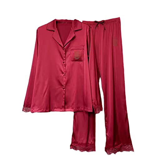 Damen Seide Pyjama Set Spitze Satin Zweiteilig Langarm Homewear, Rot-lang, 38 von Deepsko