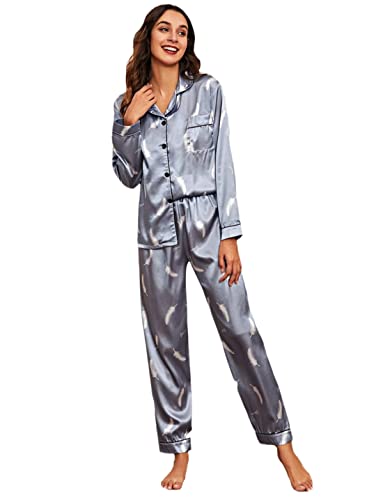 Damen Seide Satin Pyjama Set Bedruckt Langarm Pyjama Set Zweiteilig, grau, 42 von Deepsko