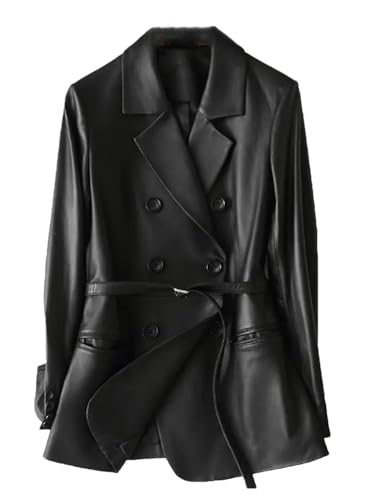 Deepsko Damen PU Leder Jacke Schwarz Blazer Langarm Gürtel Zweireiher Revers Mantel, Schwarz , 54 von Deepsko