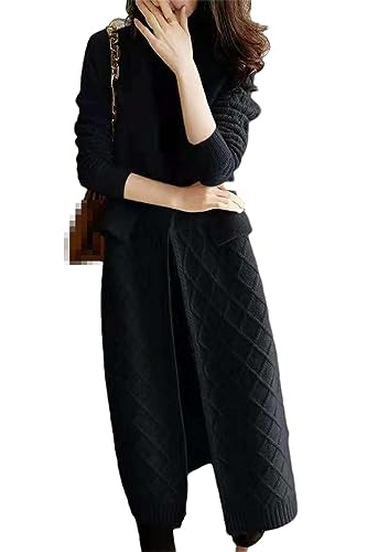 Deepsko Damen Strickjacke Aus Wolle, Dick, Lang, Für Herbst Und Winter, Lockere Oberteile Black L 53kg-57.5kg von Deepsko