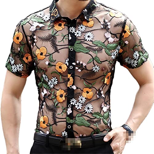 Deepsko Herren Transparent Hemd Sommer Hohlnetz Blumen Stickerei Spitze Kurzarm Oberteil von Deepsko