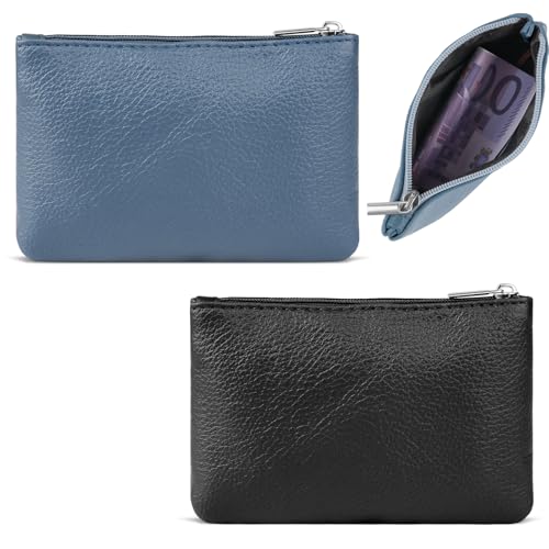 2 Stück Kleines Portemonnaie für Damen, Leder Mini Geldbörse, Klein Portemonnaie Coin Purse Münzgeldbörse Mini Geldbeutel, Münzbeutel Schlüsseletui Woman (Schwarz + Blau) von Deepton