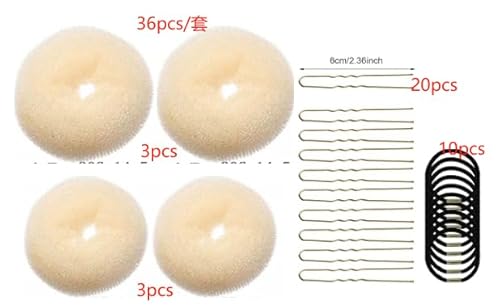 Deepton 36 Stück Duttkissen Klein Groß, Haardonut 6 Stück, Plüsch HaarDutt Maker, Dutt Kissen Maker Set mit 10 Elastischen Haarband, 20 U-Form Haarspange für Kinder Mädchen Frauen (Beige) von Deepton