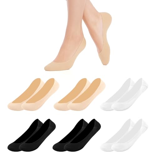Deepton Füßlinge Damen, 6 Paar Ballerina Socken Weich Baumwolle, Unsichtbare Füßlinge Atmungsaktiv, Rutschfeste Sneaker Socken mit Siliconpad, Füßlinge Damen 39-42(Schwarz, Hautfarben und Weiß) von Deepton