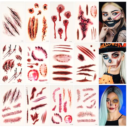 Narben Tattoo Halloween 12 Blatt Gesichtstattoo Narben Halloween Wunden Wasserdicht Schminke 3D Temporäre Tattoos Aufkleber Deko mit Scab Gefälschten Kunstblut Kratzern für Karneval Kinder von Deepton