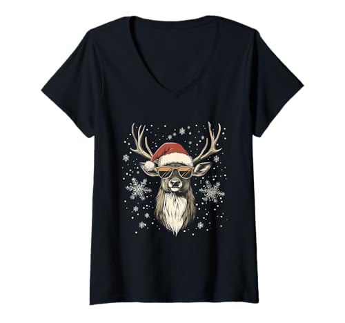 Damen Hirsch Weihnachtsmannmütze Lustig Niedlich Tier Jagd Jäger Weihnachten T-Shirt mit V-Ausschnitt von Deer Hunting - Christmas Apparel & Gifts