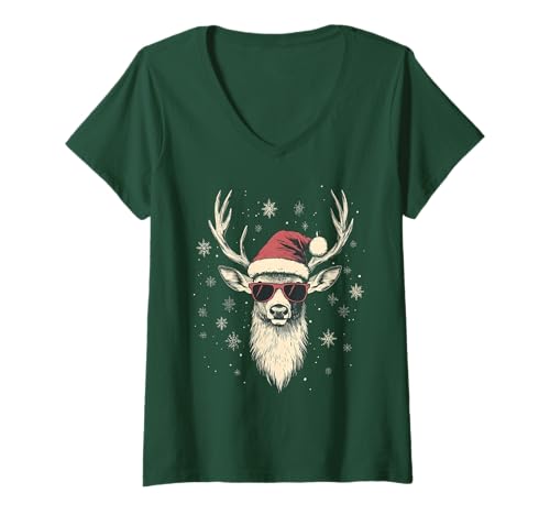 Damen Hirsch Weihnachtsmannmütze Lustig Niedlich Tier Jagd Jäger Weihnachten T-Shirt mit V-Ausschnitt von Deer Hunting - Christmas Apparel & Gifts