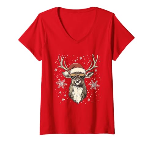 Damen Hirsch Weihnachtsmannmütze Lustig Niedlich Tier Jagd Jäger Weihnachten T-Shirt mit V-Ausschnitt von Deer Hunting - Christmas Apparel & Gifts