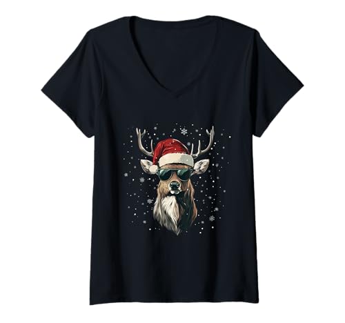 Damen Hirsch Weihnachtsmannmütze Lustig Niedlich Tier Jagd Jäger Weihnachten T-Shirt mit V-Ausschnitt von Deer Hunting - Christmas Apparel & Gifts