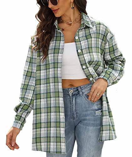 Deer Lady Damen Plaid Flanellhemd Casual Button Down Shirts Oversized Langarm Bluse Top, Z-grün04, Mittel von Deer Lady