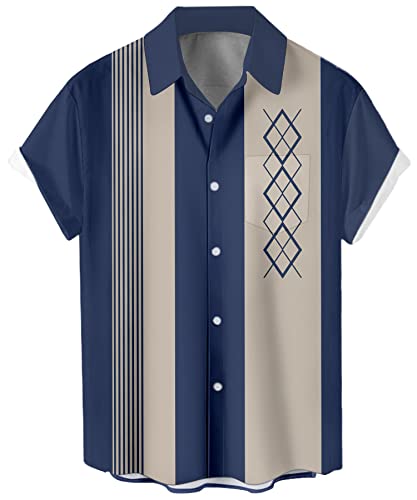 Deer Lady Herrenbekleidung Bowling Shirt Druck Hawaii-Hemden Kurzarm Casual Button Down Shirt Lose Strand Shirts, Z-Bowling Navy Diamond, X-Groß von Deer Lady