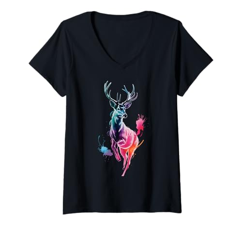 Damen Farbenfrohes REH-Poster Stil Farbspritzer Kunst Grafik Splash T-Shirt mit V-Ausschnitt Damen Farbenfrohes REH-Poster Stil Farbspritzer Kunst Grafik Splash T-Shirt mit V-Ausschnitt von Deer Lover Apparel & Arts