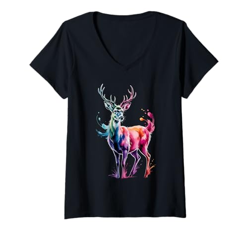Damen Farbspritzer mit Hirsch-Motiv, bunt, Kunst-Grafik T-Shirt mit V-Ausschnitt Damen Farbspritzer mit Hirsch-Motiv, bunt, Kunst-Grafik T-Shirt mit V-Ausschnitt von Deer Lover Apparel & Arts