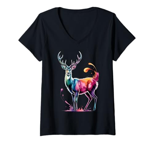 Damen REH-Poster-Stil, Bunte Farbspritzer, Kunst-Grafik-Spritzer T-Shirt mit V-Ausschnitt Damen REH-Poster-Stil, Bunte Farbspritzer, Kunst-Grafik-Spritzer T-Shirt mit V-Ausschnitt von Deer Lover Apparel & Arts
