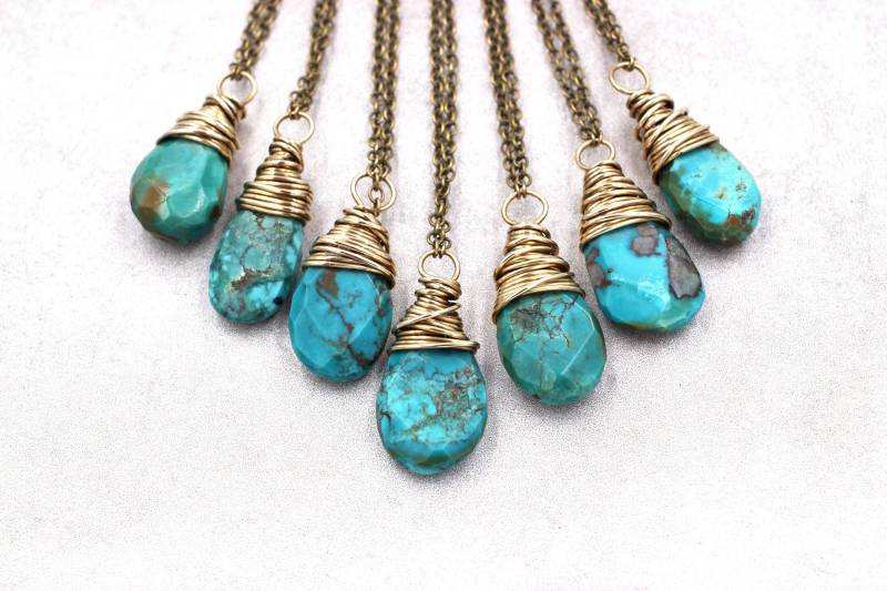 Lange Türkis Halskette Blaue Stein Boho Wire Wrapped Schmuck von DeerGirlDesigns