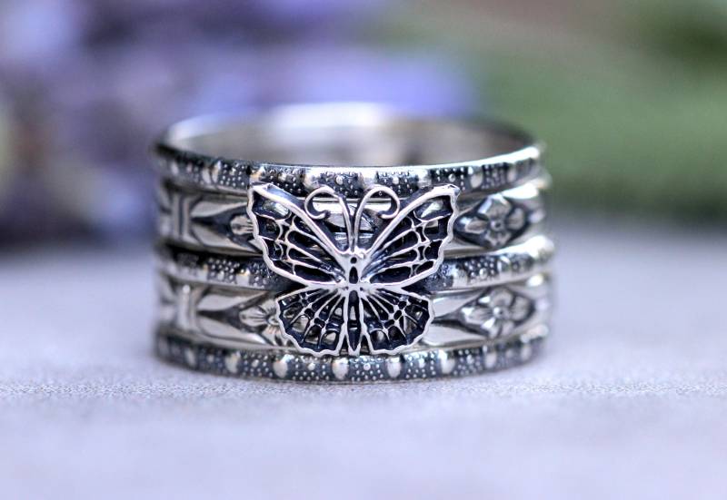 Schmetterling Stapelring Set - Sterling Silber Ring Insekt Schmuck von DeerGirlDesigns