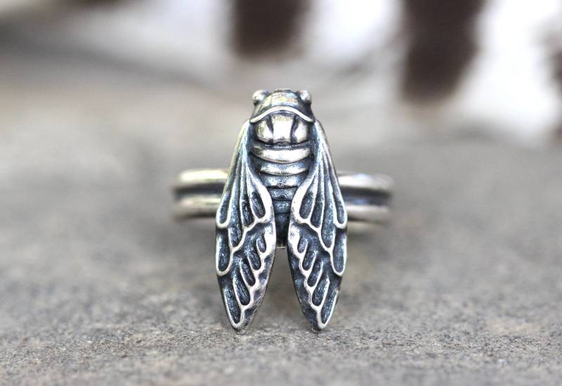 Silber Zikade Ring Sterling Insekt Hexe Käfer Entomologie Geschenk Natur Heuschrecke von DeerGirlDesigns