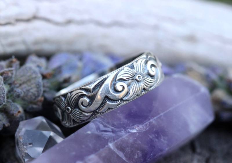 sterling Silber Ring Band Dicke Floral Daumen von DeerGirlDesigns