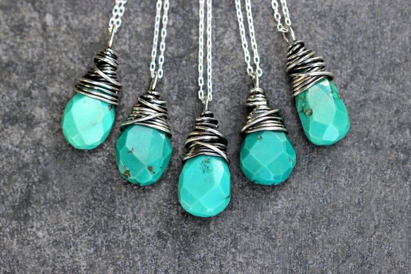Sterling Silber Türkis Halskette Draht Gewickelt Stein Schmuck Teardrop von DeerGirlDesigns
