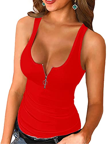 Deerludie & T Damen Tank-Top, Rundhalsausschnitt, gerippt, niedrig geschnitten, einfarbig, sexy, Sommer, ärmellos, Z-red, Groß von Deerludie & T