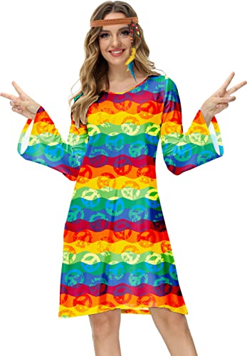 Deerose Damen 70er Jahre Hippie Kostüm Retro Go Go Groovy Kleid, Regenbogen, X-Groß von Deerose