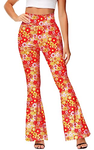Deerose Damen High Waist Stretch Bell Bottom Slim Fit Flare Leg Hippie Pants, Orange Floral, S von Deerose