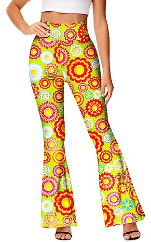 Deerose Damen Hippie-Hose mit hoher Taille, Stretch-Glocke, schmale Passform, ausgestelltes Bein, Grünes Blumenmuster, Groß von Deerose