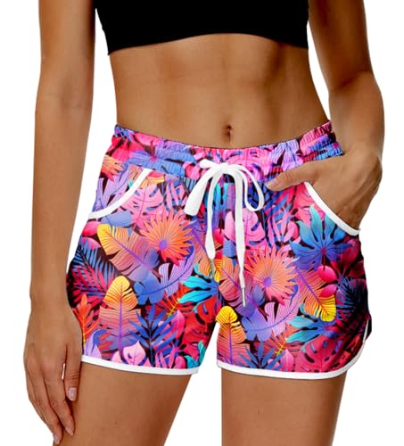 Deerose Damen Sommer Boardshorts Tropische Hawaii Strand Badeshorts, Bunte Blätter, XL von Deerose