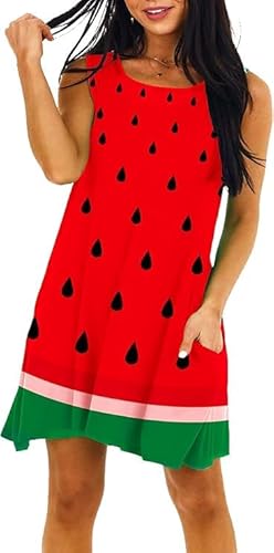 Deerose Wassermelonenkleid für Damen, ärmellos, lustige Früchte, Outfits mit Taschen, S, Wassermelone, Groß von Deerose
