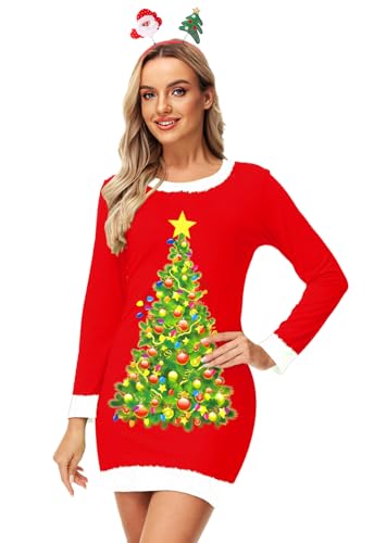 Deerose Frauen Weihnachten Langarm Kleid Slim Fit Stretchy Bodycon Kleider, C | Weihnachtsbaum Rot, X-Groß von Deerose