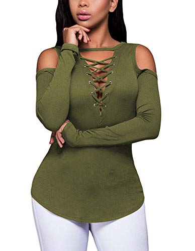 Defal Damen Sexy V-Ausschnitt Cold Shoulder Langarm Bluse Shirt Slim Lace Up Gerippt Stretch T-Shirt Top, X Grün, XX-Large von Defal