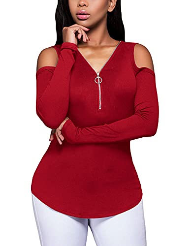 Defal Damen Sexy V-Ausschnitt Cold Shoulder Langarm Bluse Shirt Slim Lace Up Gerippt Stretch T-Shirt Top, X-Zipper-weinrot, XX-Large von Defal