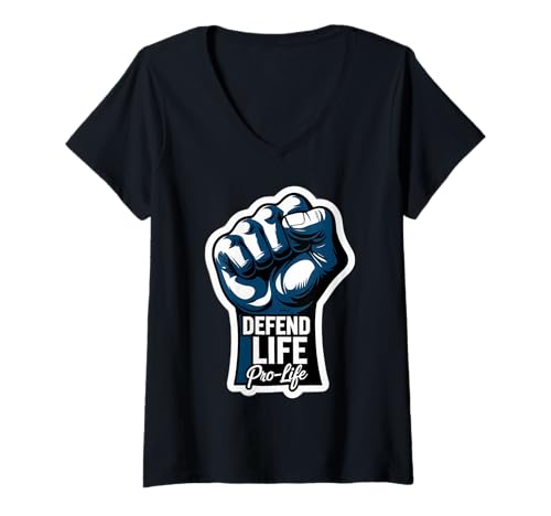 Damen Defend Life Pro-Life Erhöhte Faust Ungeborenes Baby Fetus Pro Life T-Shirt mit V-Ausschnitt von Defend Life Pro-life Raised Fist Pro Life Products
