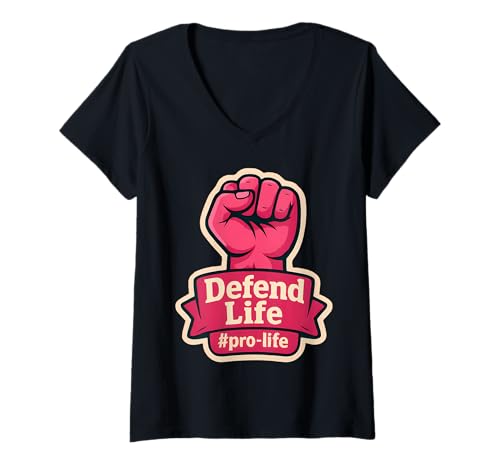 Damen Defend Life Pro-Life Damen Erhöhte Faust Unborn Pro Life T-Shirt mit V-Ausschnitt von Defend Life Pro-life Womens Raised Fist Products
