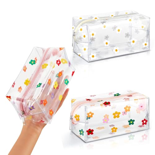 Defresit Transparente Make-up-Tasche – transparente Kosmetiktasche, PVC-Federmäppchen, Schreibwarenbeutel, niedlicher Blumendruck, Reise-Kulturbeutel für Damen und Mädchen, 2 Stück, mehrfarbig, von Defresit