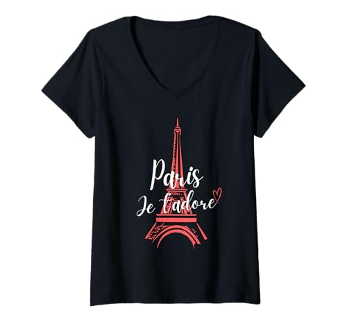Damen Paris je T'Aime Zeichnung mit Eiffelturm Souvenirs de Paris T-Shirt mit V-Ausschnitt Damen Paris je T'Aime Zeichnung mit Eiffelturm Souvenirs de Paris T-Shirt mit V-Ausschnitt von Déguisement Tour Eiffel Cadeau Paris Femme Enfant