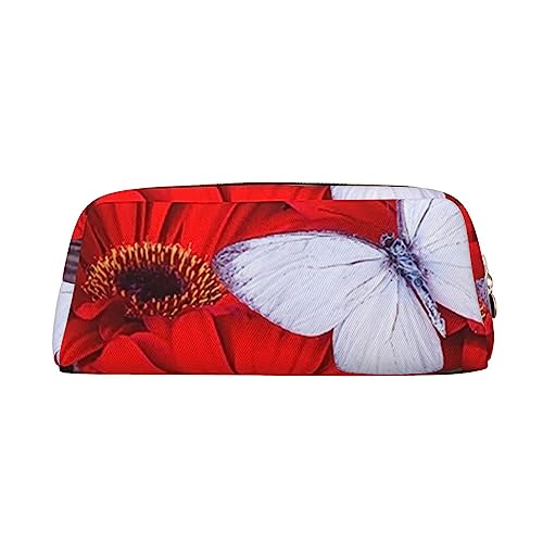 Dehiwi Rote Blume und Schmetterling Federmäppchen Wasserdicht Niedlich Leder Bleistift Tasche Reise Kosmetik Make-up Tasche Organizer Stifthalter für Büro Make-up, gold, Einheitsgröße, von Dehiwi