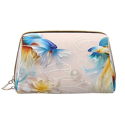 Goldfish Kosmetiktasche mit Lotusblumen, großes Fassungsvermögen, Reise-Kosmetiktasche, PU-Leder, Make-up-Tasche für Damen und Mädchen, weiß, Einheitsgröße von Dehiwi
