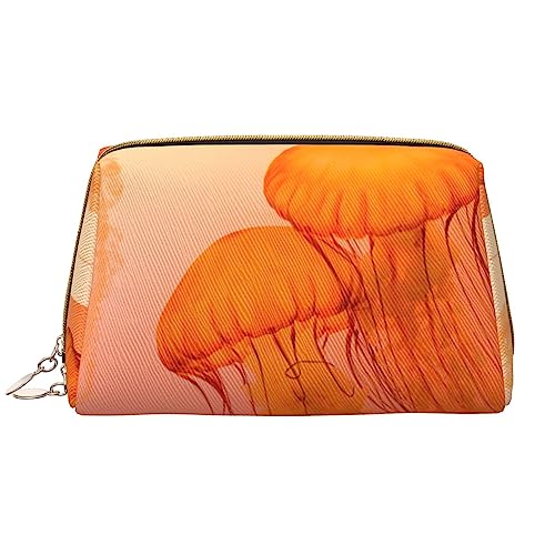 Jellyfish Make-up-Tasche, große Kapazität, Reise-Kosmetiktasche, PU-Leder, Make-up-Organizer für Damen und Mädchen, Orange, weiß, Einheitsgröße von Dehiwi