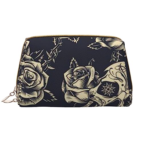 Kosmetiktasche mit Blumen-Totenkopf-Ornament-Muster, große Kapazität, Reise-Kosmetiktasche, PU-Leder, Make-up-Tasche für Frauen und Mädchen, weiß, Einheitsgröße von Dehiwi