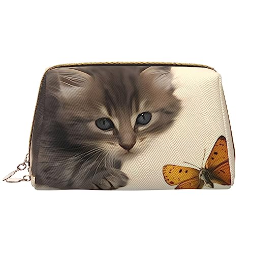 Make-up-Tasche mit Katzen- und Schmetterlings-Motiv, große Kapazität, Reise-Kosmetiktasche, PU-Leder, Make-up-Organizer-Tasche für Frauen und Mädchen, weiß, Einheitsgröße von Dehiwi