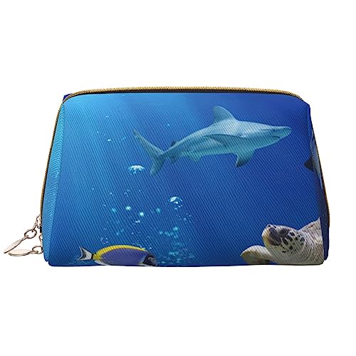 Make-up-Tasche mit Ozean-Fisch, Schildkröte, Hai, große Kapazität, Reise-Kosmetiktasche, PU-Leder, Make-up-Tasche für Frauen und Mädchen, weiß, Einheitsgröße von Dehiwi