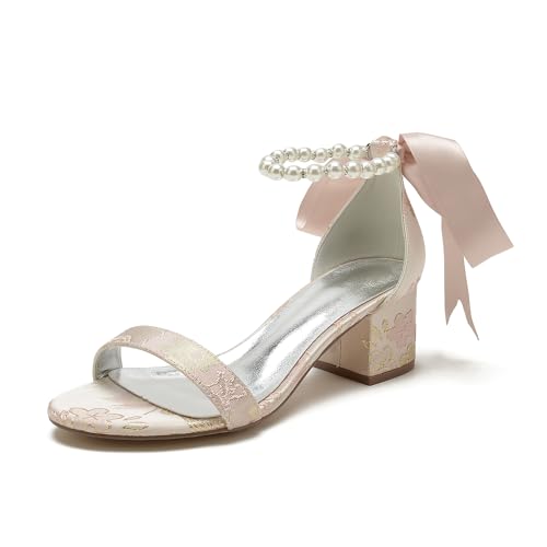 Deidach Damen Blockabsatz Pumps Chunky Open Toe Floral Low Heels Satin Hochzeitsschuhe für Braut Perlen Kleid Schuhe Heels Sandalen, Dusty Rose, 37.5 EU von Deidach