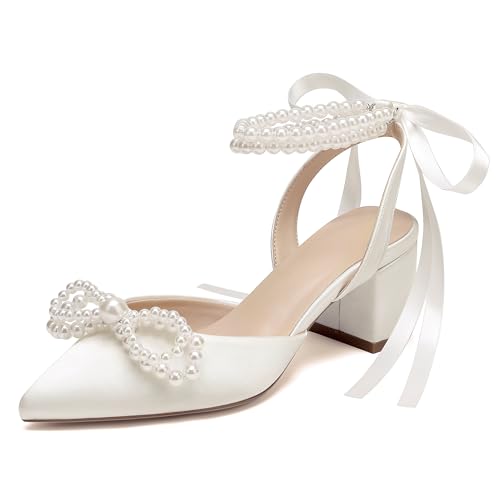 Deidach Damen-Sandalen mit Perlen, geschlossener Zehenbereich, klobig, niedriger Blockabsatz, Knöchelriemen, Absatz, Hochzeitskleid, Schuhe, Pumps, Elfenbein, 8 cm, 41.5 EU von Deidach