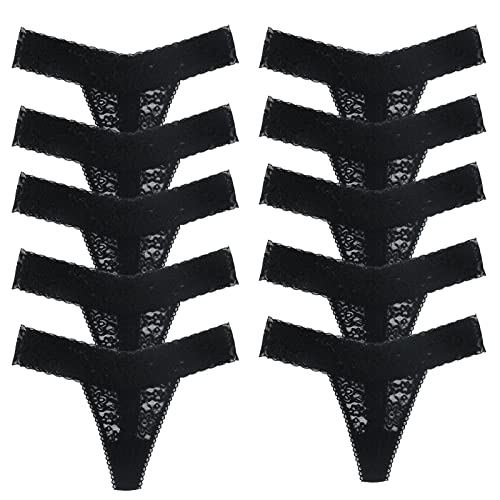 Deigecil 10er-Pack Schwarz String Tanga Damen Spitze Niedrige Taille Weich Unterhosen Frauen Unterwäsche von Deigecil