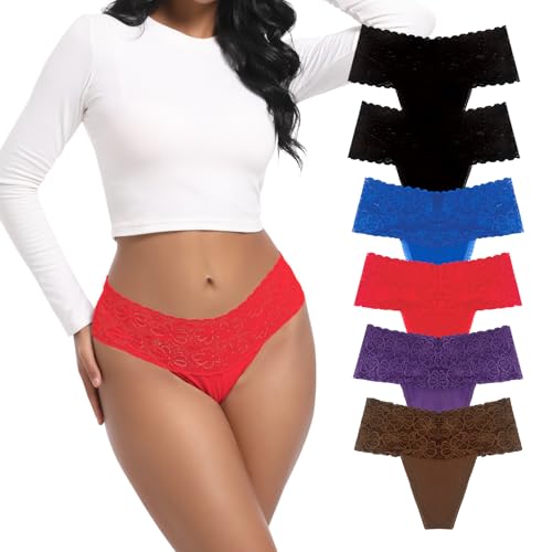 Deigecil 6er-Pack Bauchweg String Tanga Damen Spite Hoher Taille Unterwäsche Frauen Weich Panties Hipster Unterhosen Baumwolle Mehrpack XL von Deigecil