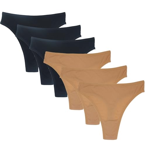 Deigecil 6er-Pack String Tanga Damen Hoch tailliert Bauchweg Baumwoll Baumwoll unterwäsche Frauen Schwarz Fleischfarbe Unterwäsche Weich Panties von Deigecil