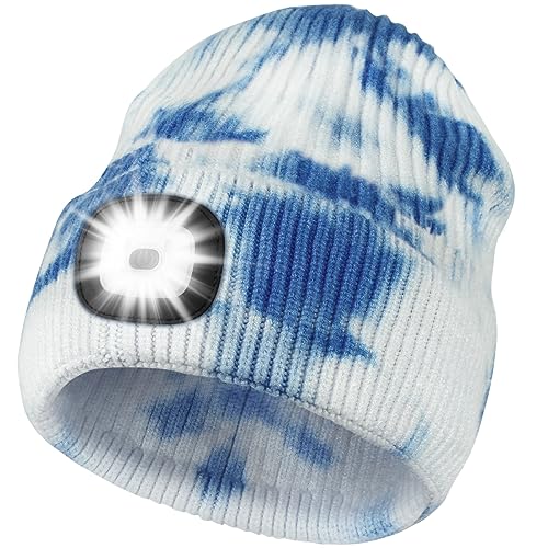 Deilin Mütze mit Licht Herren,Outdoor Hüte für Herren Geschenke Beleuchtete Mütze Aufladbar USB, Einstellbare Helligkeit Winter Beanie Mütze mit Licht,Warme Mütze Blau Herren Tie Dye Blau von Deilin