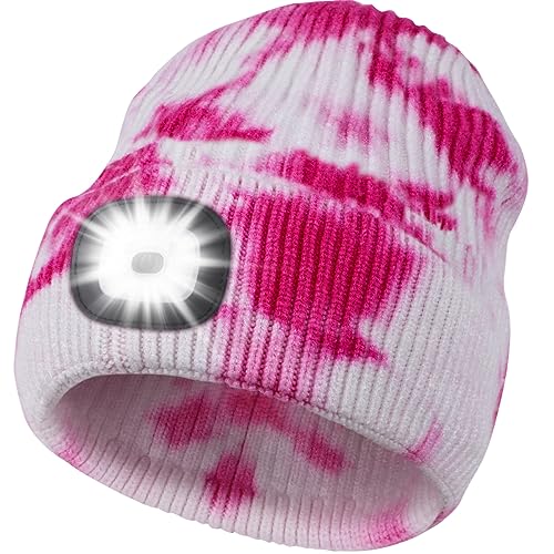 Deilin Outdoor Hüte für Damen, LED Mütze mit Licht Strickmützen für Damen,Geschenke für Frauen Beleuchtete Mütze Aufladbar USB Mütze mit Licht Damen,Warme Mütze Pink Damen Tie Dye Rosa von Deilin